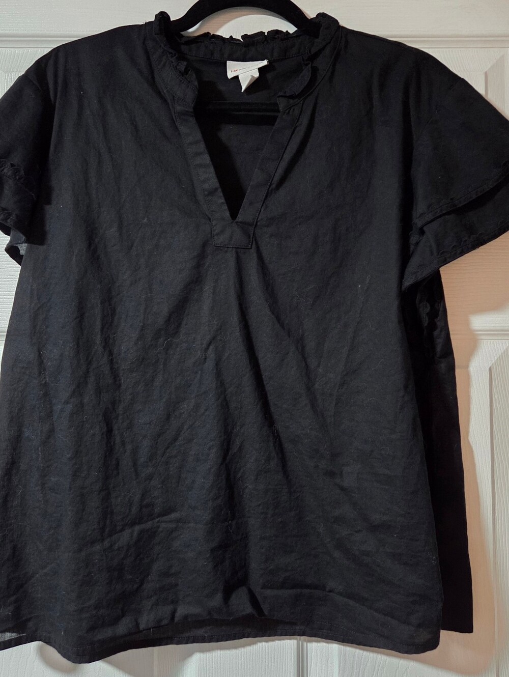 Liz Claiborne Black Short Sleeve Ruffle-Trim Tunic